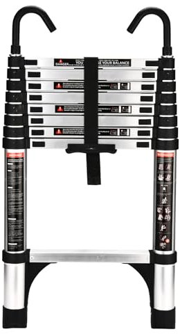 HBTower Scala telescopica da 2,6 metri con ganci e piedini antiscivolo, leggera scala pieghevole in alluminio per soppalchi, camper, esterni ed interni, capacità di 150 kg.Argentato