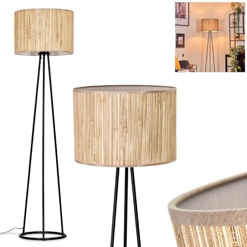HOFSTEIN Stehleuchte Bongal, Stehlampe aus Metall/Seegras in Schwarz/Natur, Leuchte im modernen Design mit rundem Schirm Ø 40 cm und Fußschalter, Höhe 152 cm, 1 x E27, ohne Leuchtmittel