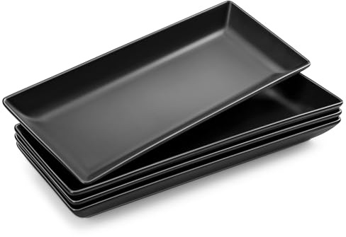MALACASA Serving Platters, 14 Inch Large Serving Platters and Trays Set of 4, Ceramic Serving Platter for Serving Food, Rectangular Serving Trays for Party, Serving Dishes Plates - Matte Black