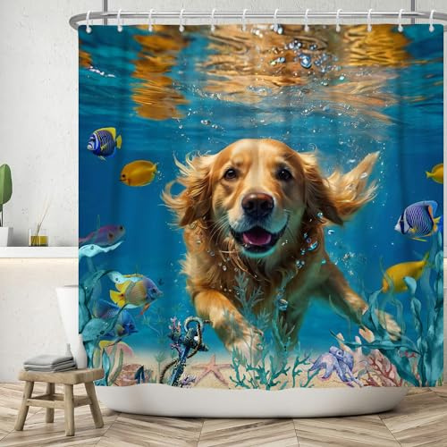 ASDCXZ Duschvorhang Hund 180x200 cm, Lustig Hund Glücklich Schwimmen Unterwasserwelt Bunt Ozean Fisch Waschbar Bad Duschvorhänge Polyester Textil Wasserdicht Duschvorhang für Badewanne mit 12 Haken