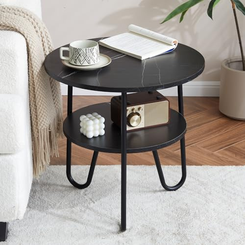 Mingone Runt Soffbord för Vardagsrum | Med två förvaringshyllor, 50 x 50 cm, trämaterial och metallstativ,lämplig för vardagsrum, sovrum och kontor, Svart