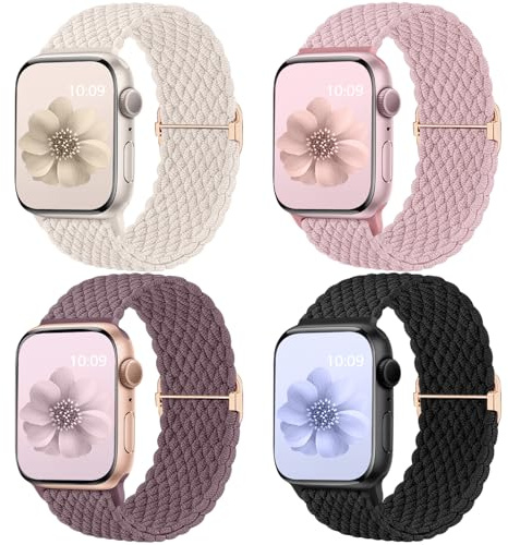 Mastten 4-pack Solo Loop flätade remmar kompatibla med Apple Watch-remmar 40-49 mm kvinnor män, stretchig rem elastiskt sportband för iWatch SE 10-3