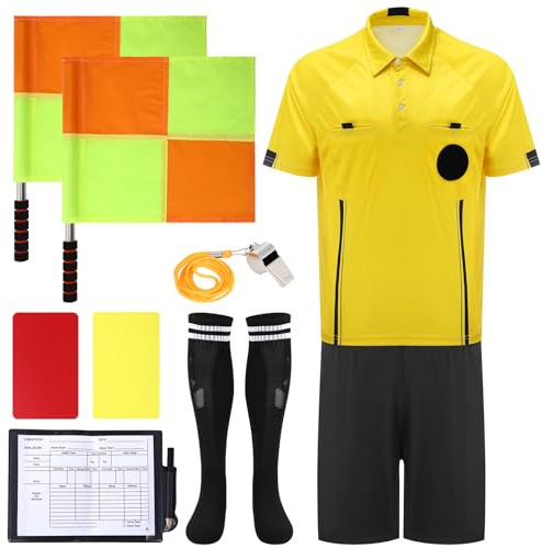 7PCs Soccer Kit - Adult Referee Jersey, Cards, Whistle, Socks, Flags, Costume M