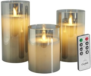 LC Home Candela Lights LED Kerzen Set Echtwachs inkl. Glas mit Fernbedienung Timer Funktion & mehrstufig dimmbar bewegliche Flamme Echtwachskerzen (Grau)