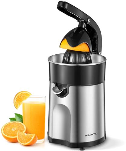 Vinato Exprimidor Eléctrico de Naranjas, 2 Conos para Todos los Cítricos, Cuerpo y Filtro de Acero Inoxidable Exprimidor Eléctrico Exprimidor Eléctrico, 85W