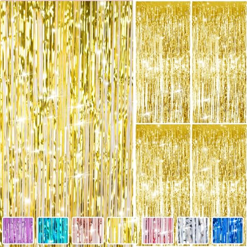 4PCS Lametta Vorhang Gold 1mx2m Glitzervorhang Lametta Glitzer Vorhang Geburtstag Lamettavorhang Vorhänge Folien Luftschlangen Party Deko Hintergrund für Geburtstagsdeko Silvester Hochzeit Festivals