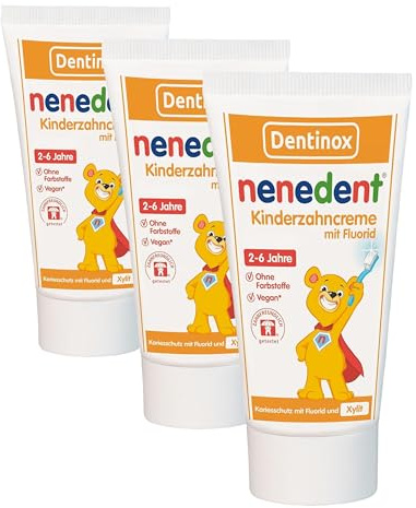 Nenedent Kinderzahncreme - 3-fach Schutz gegen Karies - Härtet den Zahnschmelz - 1.000 ppm Fluorid - 13% Xylit - VEGAN - Ohne Farbstoffe - Himbeer-Erdbeer-Pfefferminz Aroma - 1x50ml (Packung mit 3)