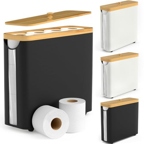 mumisuto Boîte de Rangement Papier Toilette pour 12 Rouleaux avec Poignées, Panier à Papier Hygiénique, Corbeille de Rangement en Bois, Boite Rangement Salle de Bain, 43,5 x 14,5 x 37 cm(Noir)