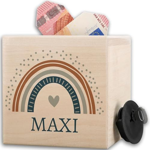 Holz - Regenbogen Spardose mit Namen - Personalisierte Jungen Geldbox - 10x10cm - Holz - Kinderspardose
