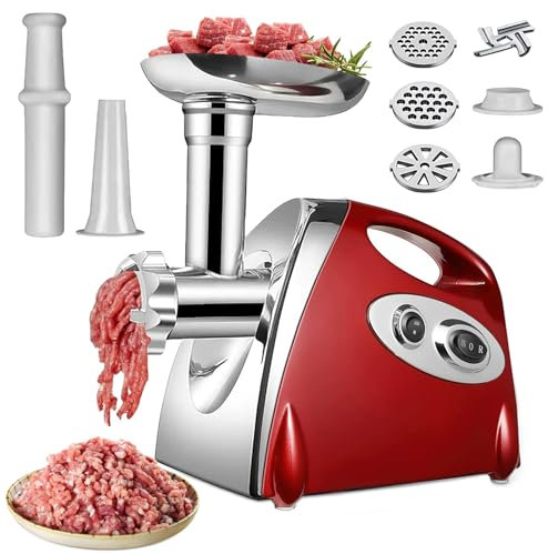 Tritacarne Elettrico 2800W Max, Tritacarne 3 in 1 con 3 Dischi In Acciaio Inox e Kubbe, Trita Carne da Cucina Elettrico per Salsiccia, Verdure, Salse (Rosso)