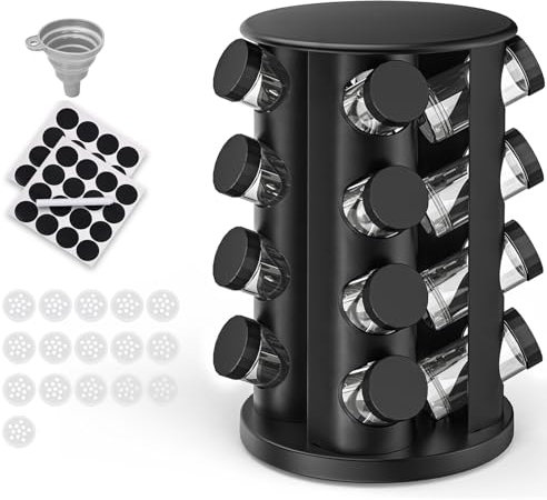 IPEB Rotating Spice Rack Organizer with 16 Spice Jars Revolving Stainless Steel Seasoning Rack with Stickers and Folding Funnel for Countertop or Cabinet, Black