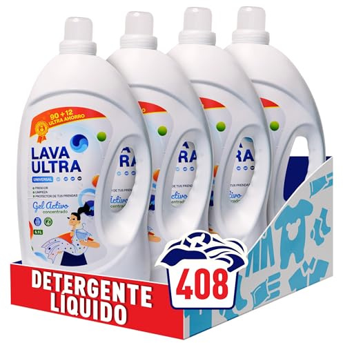 Lava Ultra Gel Activo 20.4L - 408 Lavados - Detergente Líquido Concentrado para Lavadoras, Sin Fosfatos, Apto para Todo Tipo de Telas, Suave y Fresco, Fabricado en España