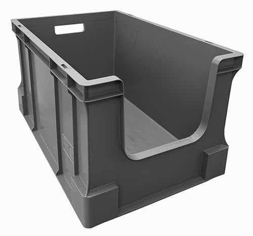 Solent Plastics Stacking Crates Heavy Duty Large Open Fronted Storage Boxes - 60 Litre Capacity - L 600 x W 400 x H 330mm - Recycled Material (1)