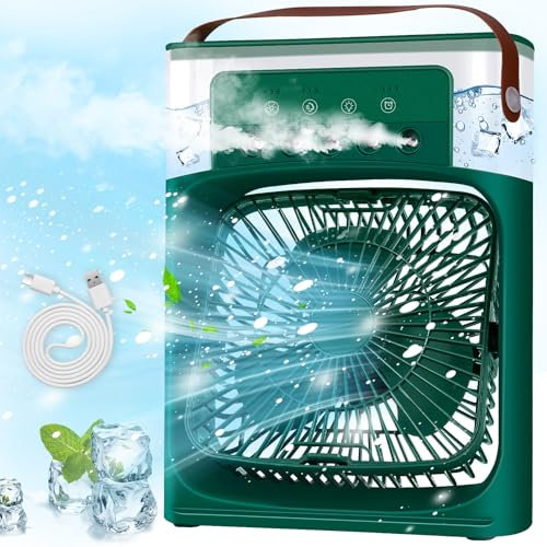 BuzzoXerex Mobile Klimageräte Mini Luftkühler, 5 in 1 Klimaanlage Klein Tragbare, 7 LED Luftbefeuchter mit 3 Geschwindigkeiten, Air Cooler Ventilator mit Wasserkühlung für Küche Büro (Grün)