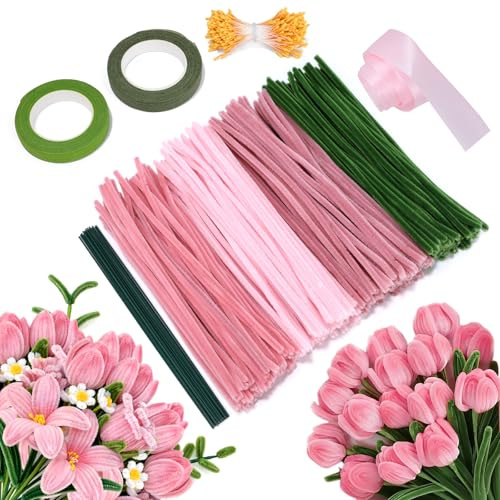 Pipe Cleaners for Craft Flowers 300PCS – 30cm Chenille Stems Pipecleaners Kit with Flower Stems, Stamens, Floral Tape & Ribbon for DIY Flowers, Kids Crafts & School Projects, Adult Handmade Gift