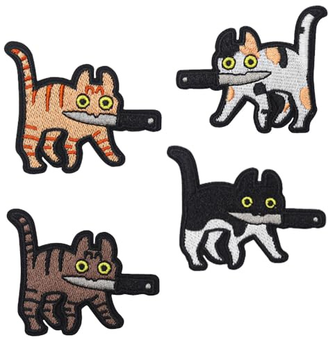 4 Stück Super süße Katze mit Messer Fun Patch Abnehmbare Emblem Stickerei Hook and Loop Patch Applikationen Kleidung,Uniformen,Baseballkappe,Rucksack,Jeans,Hosen,Jacken,Mützen,DIY-Zubehör