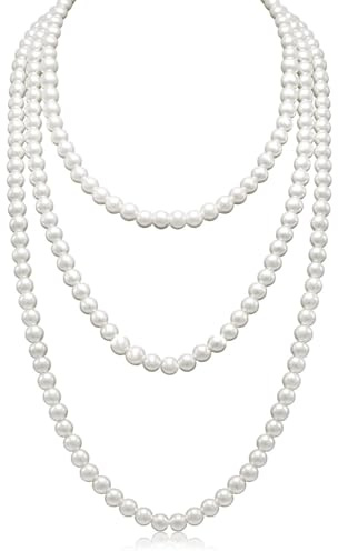TPZORJX 1 Stück Perlenkette 150 Cm, Perlenkette Damen, Perlenkette Lang,1920S Gatsby Kostüm Accessoires Lange Perle Halskette,Dame Weiße Elegante Künstliche Perlen-Halsketten - Weiß