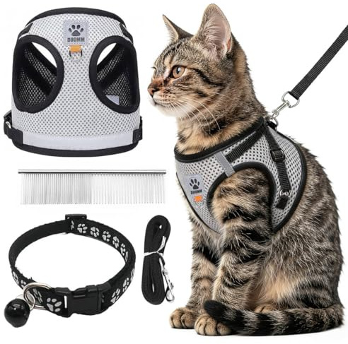 CUEMOON Pettorina e Guinzaglio per Cani, Pettorina Riflettente per Cuccioli, Set di imbracatura e guinzaglio per cuccioli, gatti e gattini (Grigio, M)