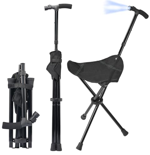 Cane with Seat Foldable Lightweight Walking Cane with LED Light Adjustable Walking Stick for Seniors