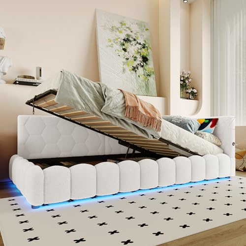 Polsterbett Kinderbett 90x200, Schlafsofa Einzelbett mit Stauraum&LED-Lichtleiste&USB-Anschluss, Jugendbett Stauraumbett Funktionsbett Bettgestell mit Lattenrost, Vliesimitat, Ohne Matratze, Weiß
