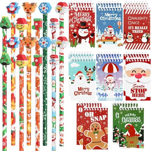 DERAYEE Kit di 32 forniture scolastiche per bambini di Natale, 16 matite in legno con gomma e 16 mini blocchi appunti inclusi