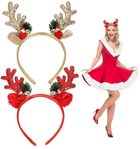 2 Stück Rentier Haarreif Weihnachten,Christmas Rentier Geweih Haarreifen | Damen Weihnachtlicher Glitzer Erwachsene Stirnband Antlers Ohren Kopfschmuck für Kinder Niedliche Hirschgeweih Headband Mit