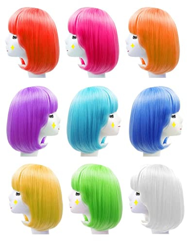 9 Stück Kurzhaar Bob Perücken Set für Erwachsene, Mehrfarbige Bob Perücke mit Pony, Damen Herren Perücken für Karneval, Fasching, Cosplay, Halloween, Mottoparty & Festival