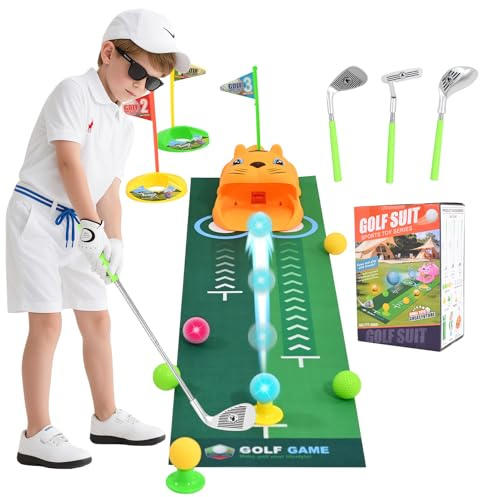 GJCrafts Coffret de Golf pour Enfants avec retourneur de balles Automatique et balles Lumineuses à LED | 18 pièces, Cadeau pour garçons et Filles de 3 à 8 Ans | Comprend des Clubs rétractables