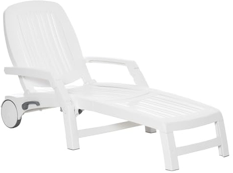 Folding Chaise Lounge, Storage, Wheels, Reclining Beach & Pool Chair, White