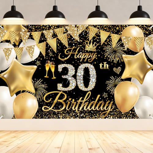 30. Geburtstag Deko Banner für Männer und Frauen, Schwarz Gold Happy Birthday Banner Groß, 30 Geburtstag Hintergrund, 30 Geburtstagsfeier Dekorationen, Extra Große Stoff Schild Poster 180 * 110cm