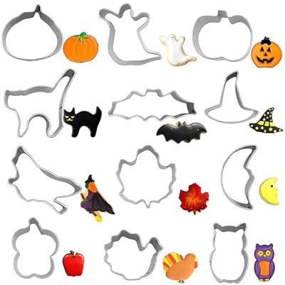 JUKOTA Juego de 12 Cortadores de Galletas de Halloween en Forma de Calabaza Fantasma Murciélago Gato, Moldes de Acero Inoxidable para Galletas Fondant Chocolate