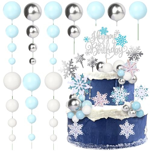 Xsstarmi Winter Frozen Cake Topper Decorations with Balloon Snowflake Cake Picks Happy Birthday Cake Decorations for Wedding Birthday Christmas Party DIY Cake Deocrationg Supplies