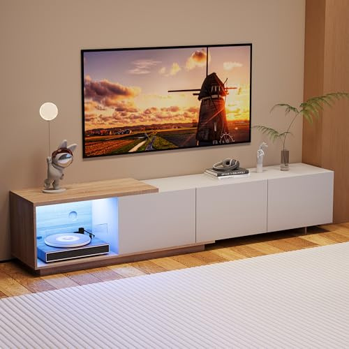 Meuble TV Moderne avec lumières LED Variables, 3 Portes et Étagères en Verre, Meuble TV de Rangement Meuble Télé Longueur pour Salon, Cadre en Bois, Télescopique Flexible Table Télé pour Salon (Blanc)