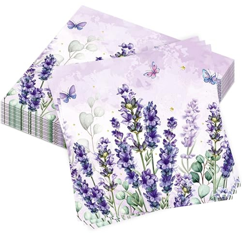 40 Stück Servietten Blumen Lavendelsträuße,Lavendel Papierservietten | 33x33 cm Frühling Blume Servietten,Geburtstagsservietten,Frühling Papier-Servietten,für Geburtstag Party Hochzeiten