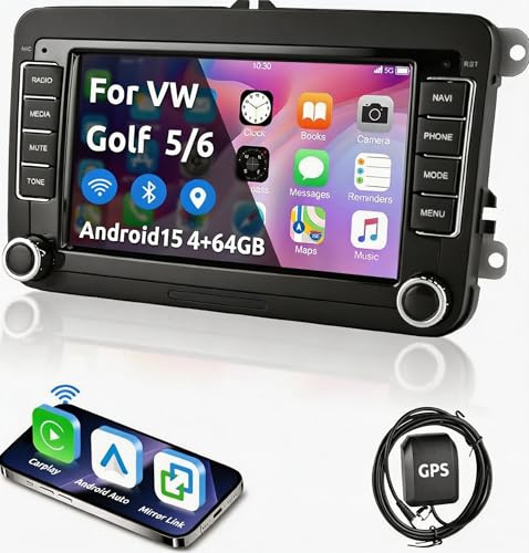 ESSGOO Android 15 4+64G Car Stereo With Wireless CarPlay Android Auto | For VW Caddy Golf MK5 MK6 Polo Passat Seat, 7 inch HD Touchscreen GPS Navi WiFi Bluetooth FM RDS