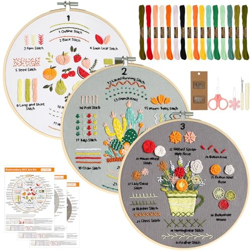 AiQInu Kit de Bordado para Adultos, 3 Piezas Kit Bordado Principiantes con 30 Puntos, Embroidery Kit con 16 Colores de Hilo, Bastidor Bambú 20cm, Tijeras, Agujas, Instrucciones, Regalo Hobby Creativ