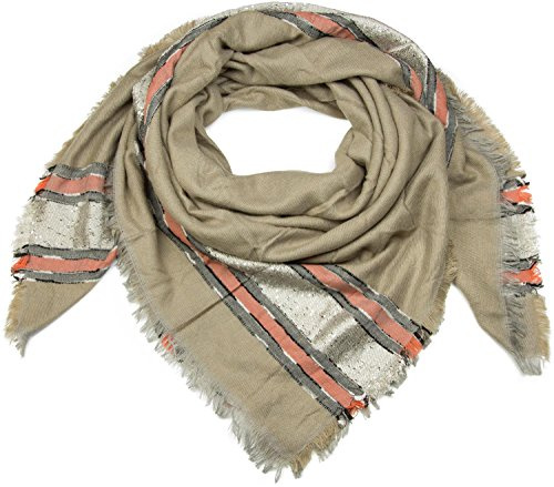 styleBREAKER XXL fyrkantig halsduk med paljetter och ränder, fransar, vinterhalsduk, damhalsduk, 01017056, Beige, En Storlek
