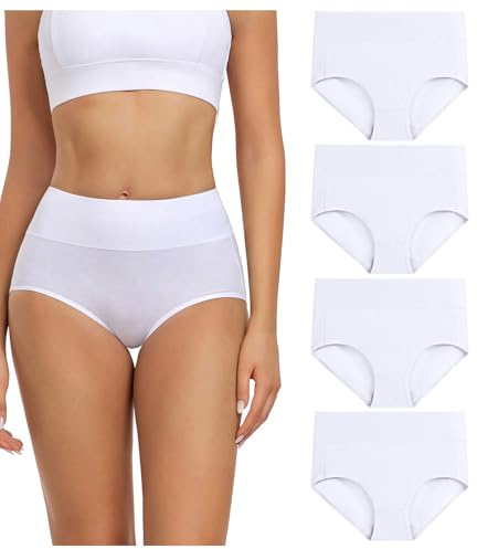 wirarpa Women's Cotton Underwear Panties High Waisted Full Briefs 4 Pack Ladies Underpants White Medium