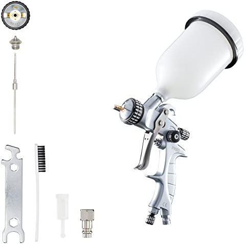 BenBow Pistola a spruzzo per verniciatura PK60 HVLP 1,8 mm ugello + serbatoio da 600 ml a flusso - ottimale per primer auto, progetti fai da te - adatta per vernici più pesanti