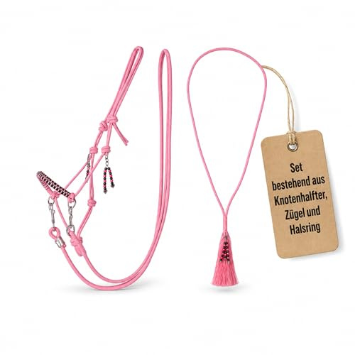 ARBO-INOX Knotenhalfter-Set mit Zügel und Halsring – für Bodenarbeit & gebissloses Reiten – Verschiedene Größen- Flamingo-Pink