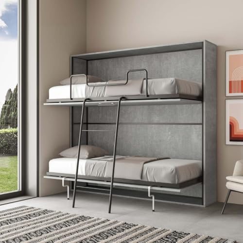 IMAGO FACTORY Kendo Double - Horizontales Klappbares Doppelbett, Platzsparendes Bett, Faltbar, L.200 S.106 H.97, Klappbares Wand-Etagenbett, Matratzen Enthalten, Zementfarbe