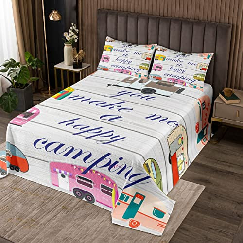 Homewish Camping Steppdecke Wohnwagen Tagesdecke 240 x 260 Cartoon Reise Autodecke für Kinder Jungen Mädchen Teenager Grauer rustikaler Holzstil gesteppt Bunte Autobettwäsche Wohnmobil Zubehör