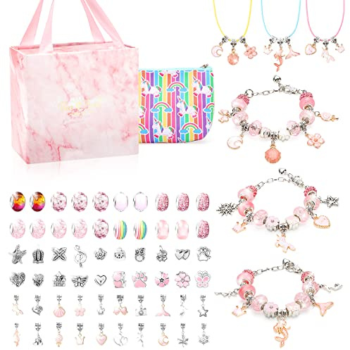 TOYESS Cadeau Fille 5 6 7 8 9 10 11 12 Ans, Charms Kit Bracelet de Fabrication Bijoux et Perles pour Enfant Jouet, Idée Cadeau pour Ado Fille, Rose