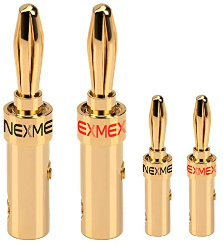 NEXMEX Bananenstecker für Lautsprecherkabel - 4 Stück Steckverbinder als Set - Stecker 24K vergoldet - für HiFi Receiver