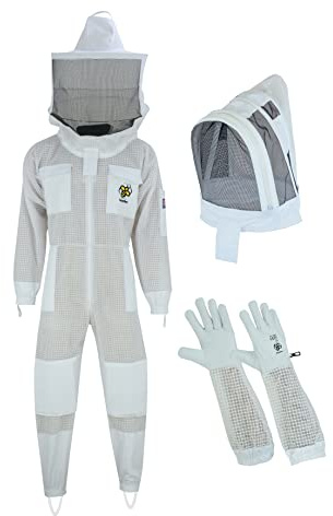 BusyBee Ventilated Bee Suit for Men - 3 x Ultra Protective Layer Beekeeping Suit - Premium White Fabric Mesh Bee Keepers Suite - Professional Bee Suit for Women with Round Veil (Large)