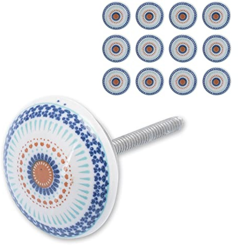 Decorasian Keramik Knöpfe für Möbel - Vintage Griffe für Schubladen und Schranktüren - Möbelknauf bzw. Schrankknopf oder Schubladenknopf – Ornament orientalisch - Blau Rot 12 Stück