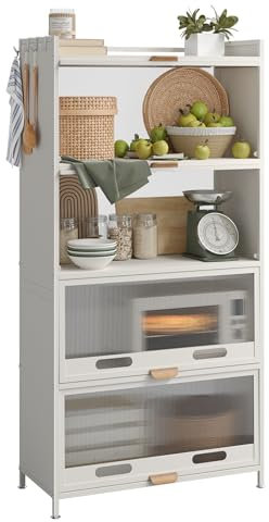 NETEL Rostfreies 5-stufiges Küchenregale Stehend, Küchenschrank mit Rollen und Füße, Mikrowellenschrank, Bäckerregal, Standregal, Lagerregal für Küche Wohnzimmer mit Sichtbare Türen, Vintage, Weiß