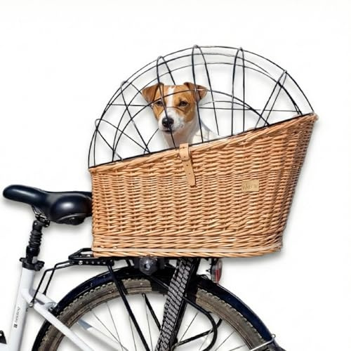 Wiklibox Natural Wicker Dog Bike Basket - 100% Organic Rattan Pet Carrier with Protective Grille - Eco Friendly Design - Soft Cotton Cushion & Mounting Bracket for Secure Bicycle Rear Luggage Rack