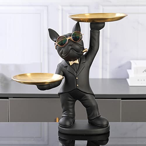 OKESYO Französische Bulldogge Tablett Deko, Französische Bulldogge Dekofigur, Butler Figur Hund, Harz Französische Bulldogge Deko Skulptur Desktop Ornament für Bücherregal, Büro, Wohnzimmer,L-Schwarz