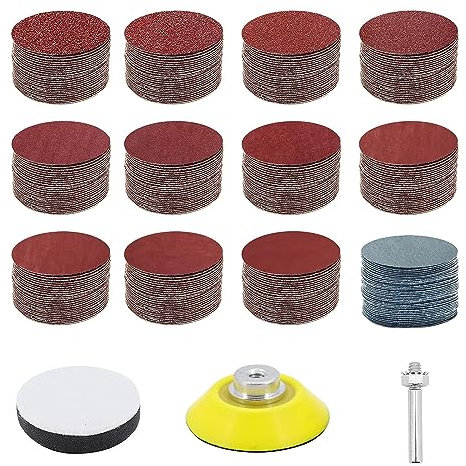 JaneYi 120 pièces Disque de Ponçage 50mm Disque Abrasif 2 Pouces Kit de Ponçage Bois Papier à Poncer 60 80 120 180 240 320 400 600 800 1000 2000 3000 Grain avec Tampon en Mousse Souple et Tige de 1/4